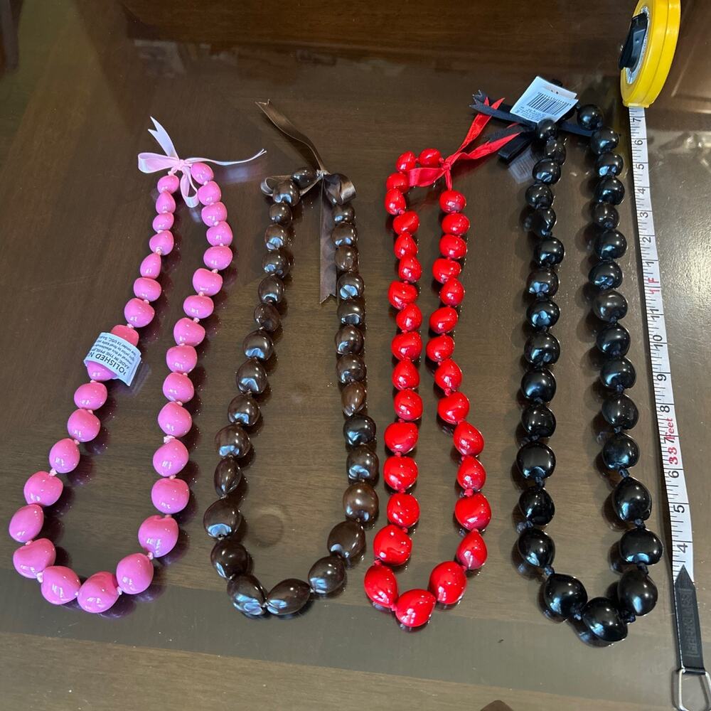 Black, Red, Pink & Brown Kukui Nut Lot Hawaiian Lei Necklace Ribbon Tie